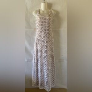 Dressbarn Crochet Lace Overlay Maxi Dress Sz 10 White A-Line Boho Coastal Beach